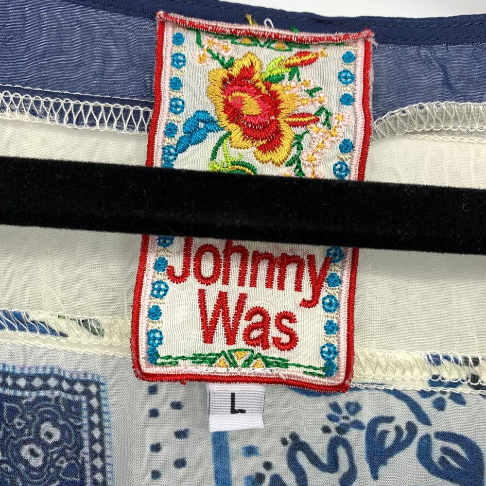 Johnny Was Top Womens L Blue Ivory Mixed Print Patchwork Stripe Oversized - Picture 5 of 6